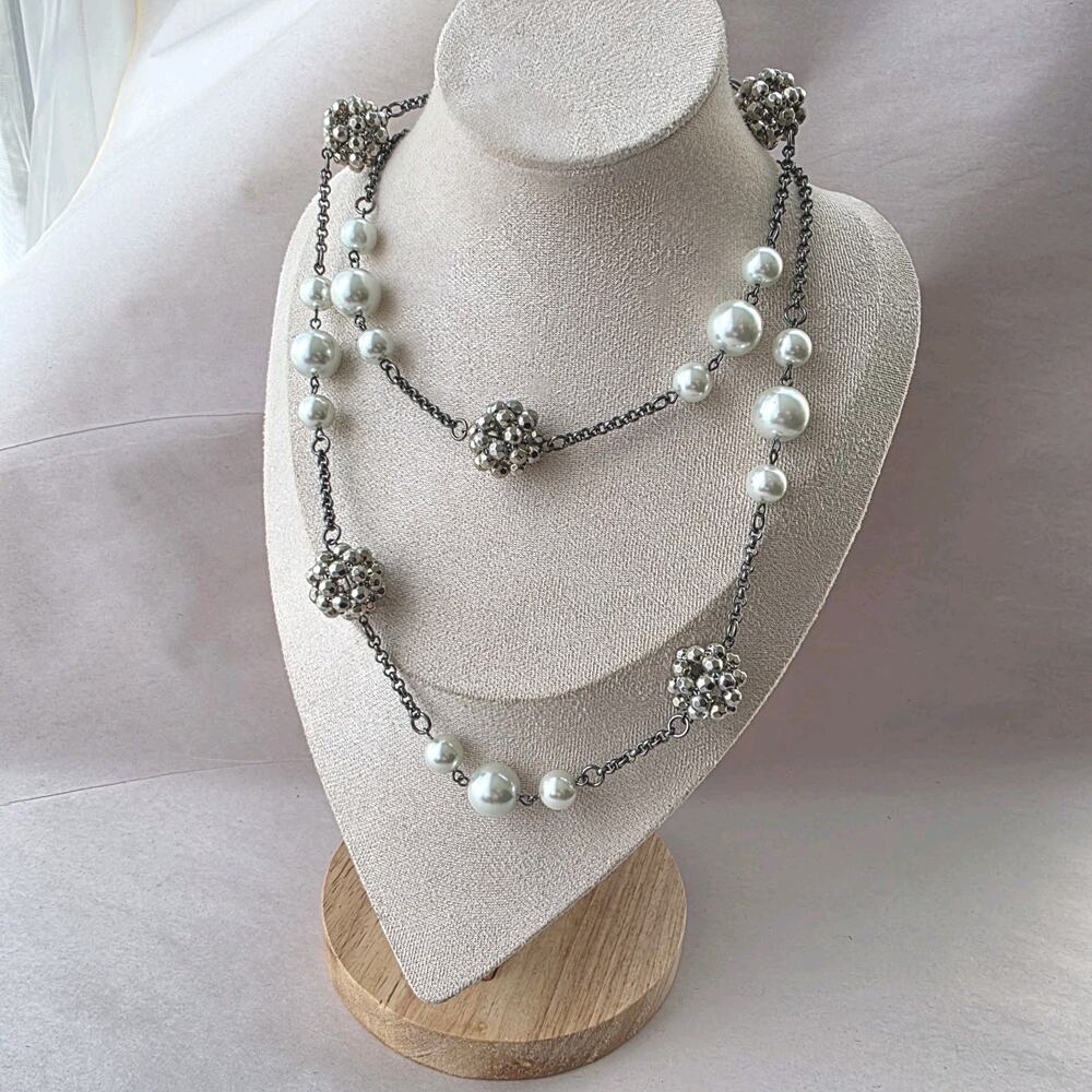 Graziano Gunmetal Long Neckace Crystal Faux Pearl Cluster 36" Chunky Adjustable